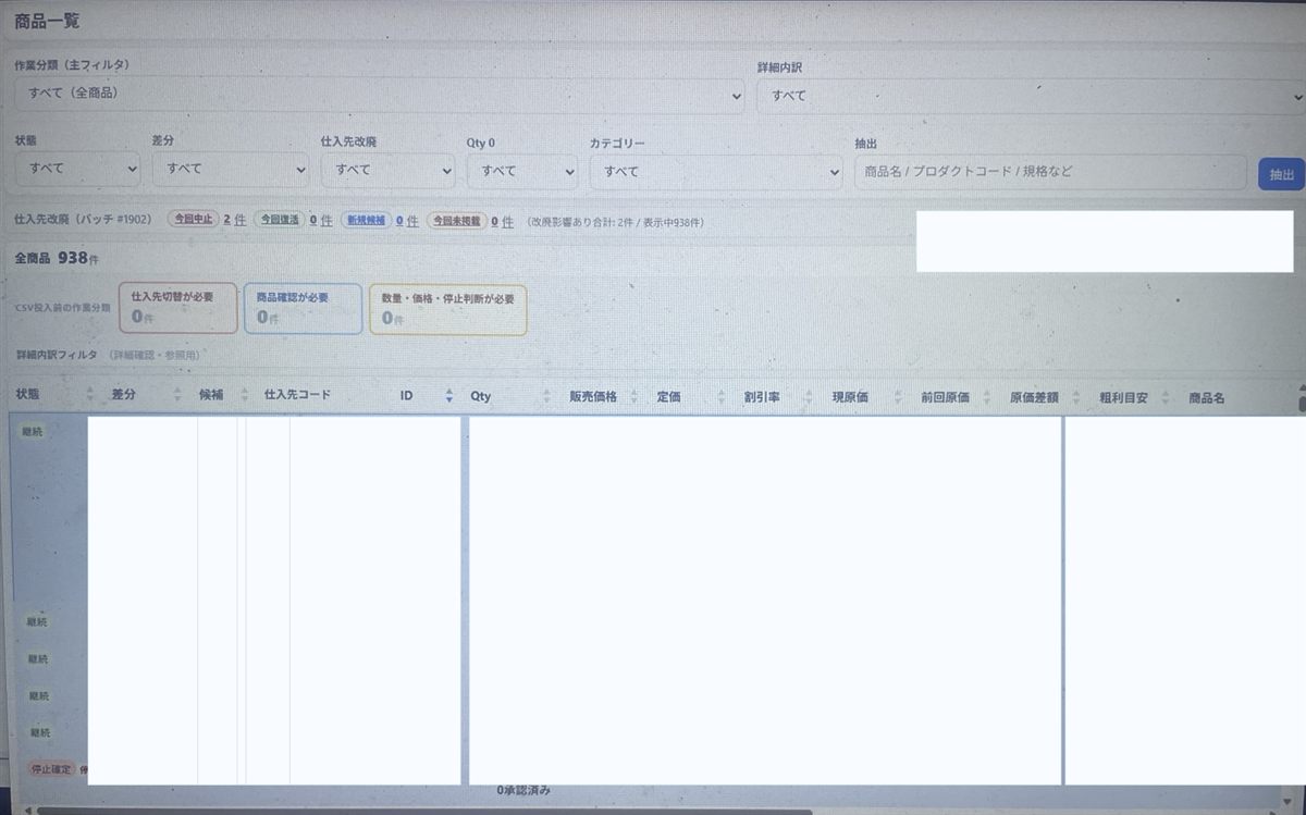 ECの商品一覧とフィルタ、CSV運用の管理画面イメージ